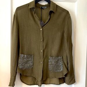 525, Made in ItalyOlive Button-Up Shirt with Sequin Pockets